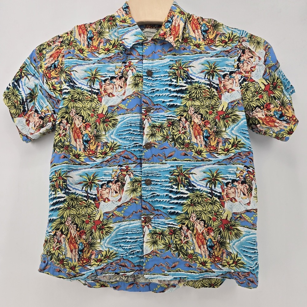 Vtg Kamehameha Hawaiian Shirt Men's L Palm Tree Waves Fishing Resortwear Cruise